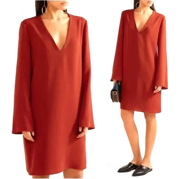 Theory Dress Ulyss Admiral Crepe Shift V-Neck Long Sleeve Red Oak Size Small - Picture 1 of 10
